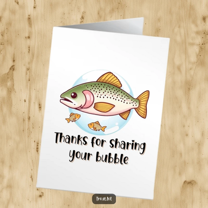 Funny Free Printable Thank You Card: A trout and a small fish share a bubble, a humorous and touching gesture of thanks.