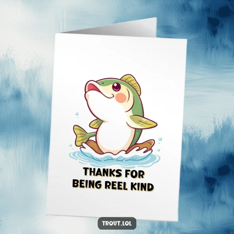 Funny Free Printable Thank You Card with a trout giggling happily while riding a calm, steady river current, perfect for expressing thanks.