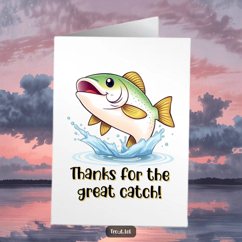 Funny Free Printable Thank You Card: A smiling trout leaps from a water splash to express sincere thanks.