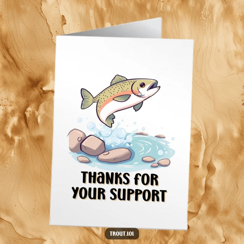 Funny Free Printable Thank You Card featuring a trout leaping from a bubbly stream, expressing playful gratitude.
