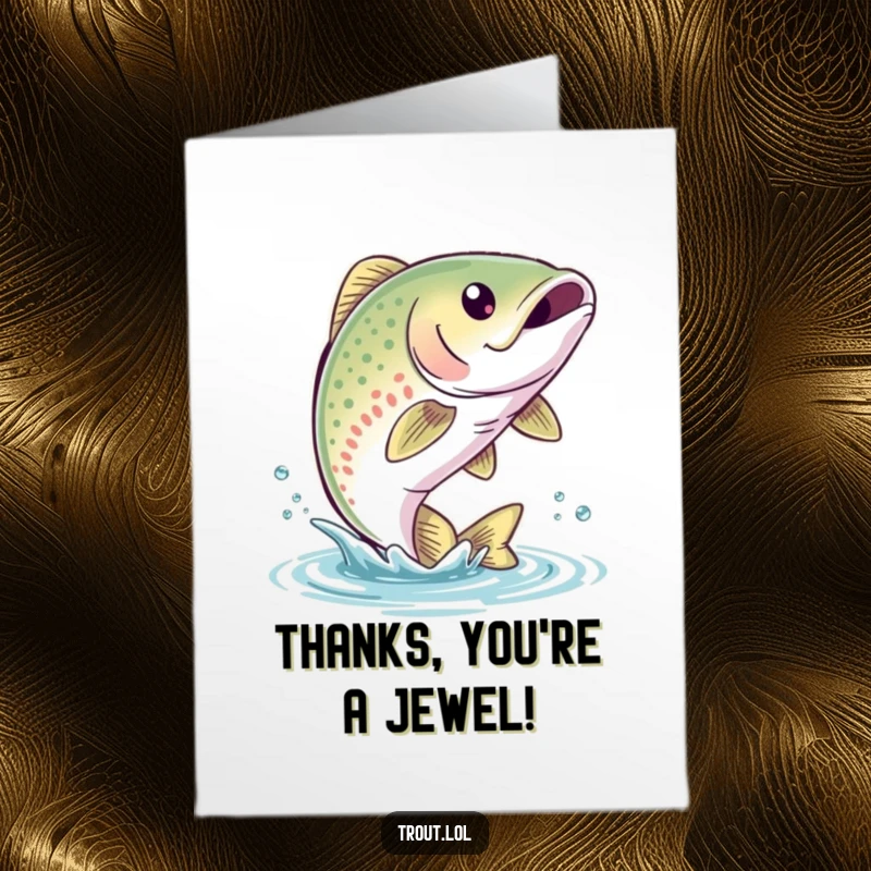 Funny free printable thank you card featuring a cute trout with a bubbly smile, leaping out of the water with thanks.