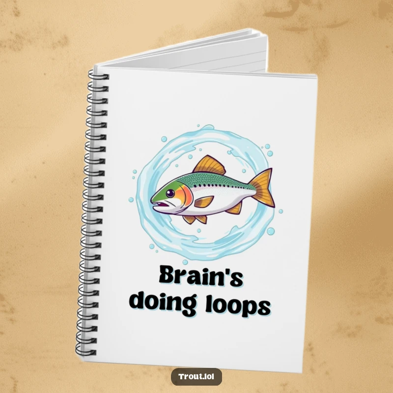 Funny notebook cover with a trout comically spinning in a water swirl, an amusing design for capturing thoughts, notes, and creative ideas.