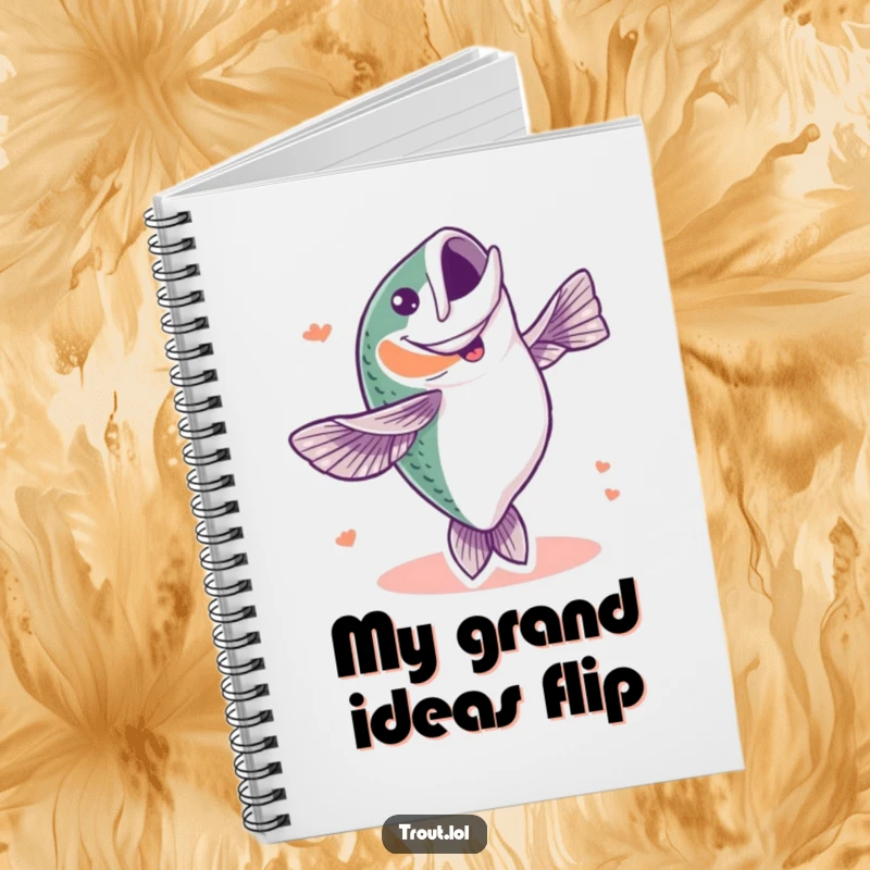 Funny notebook with a cover showing a trout doing a celebratory flip, perfect for jotting down fishing trips and funny moments.