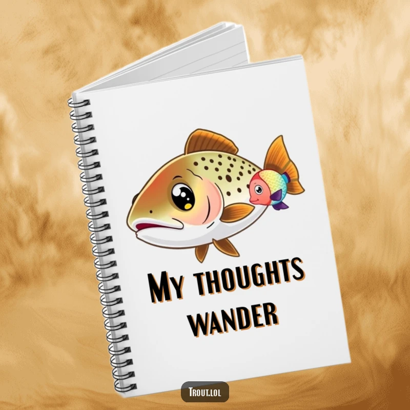 Funny Wide-Eyed Trout Notebook featuring a trout with wide eyes, curiously watching a colorful fish swim by, perfect for jotting down observational notes.