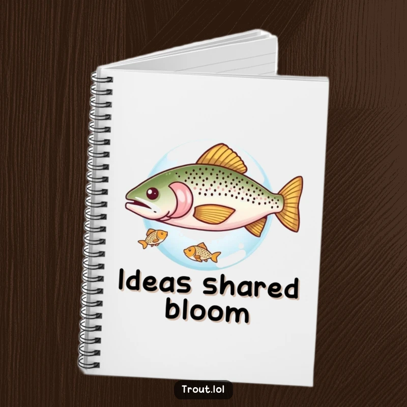 Funny notebook cover with a trout sharing a tiny bubble with a smaller fish, an amusing design for capturing thoughts and kind reflections.