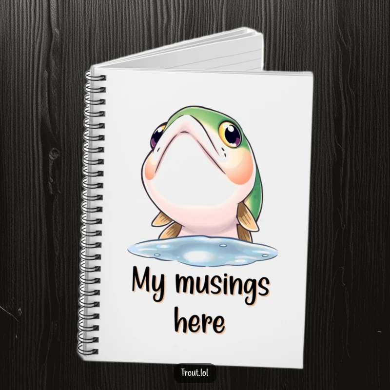 Funny notebook cover with a trout having wide, curious eyes looking upwards towards the surface, perfect for journaling.