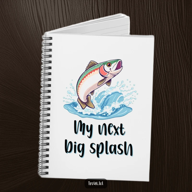 Funny notebook cover showing a happy trout leaping joyfully out of a sparkling wave, perfect for journaling and sketching.
