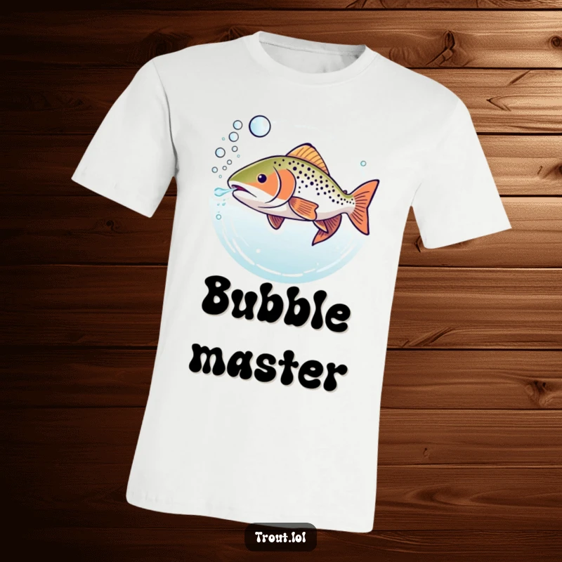Funny t-shirt depicting a relaxed trout underwater, skillfully blowing a stream of consistent, transparent bubbly rings.