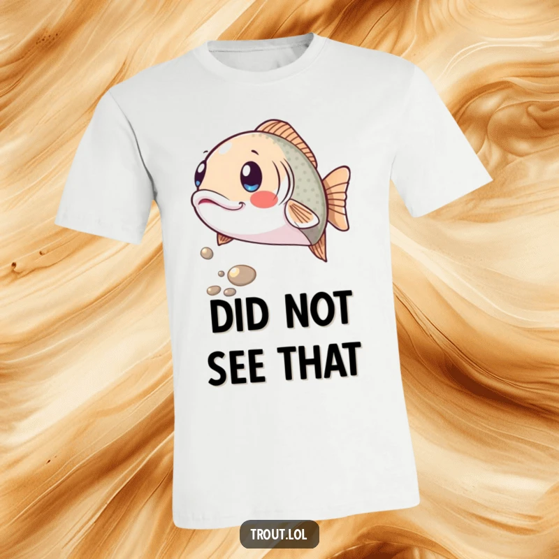 Funny t-shirt design of a trout with wide, shocked eyes and an open mouth, reacting humorously to a shiny pebble rolling by, a depiction of pure surprise.
