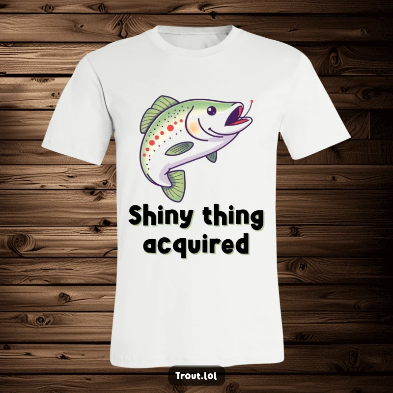 Funny t-shirt showing a trout in hot pursuit of a shiny minnow, symbolizing ambition and humor, great for active individuals.