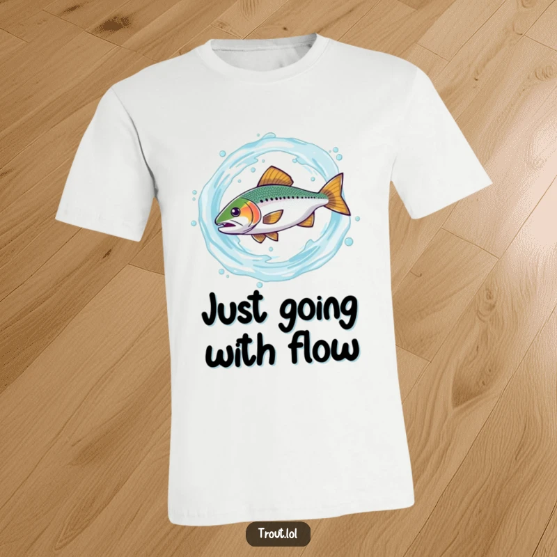 Funny t-shirt design of a trout comically spinning and whirling in a chaotic, energetic swirl of water, celebrating a moment of pure, hilarious motion.