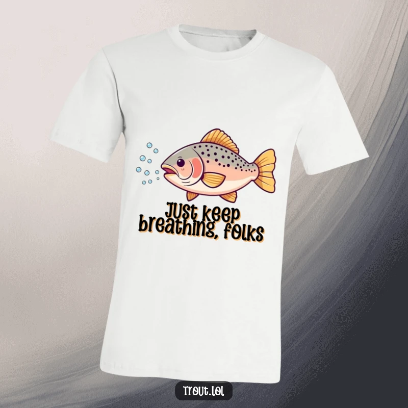 Funny t-shirt with a joyful trout exuding a cascade of tiny, shimmering bubbles, a whimsical and humorous graphic.