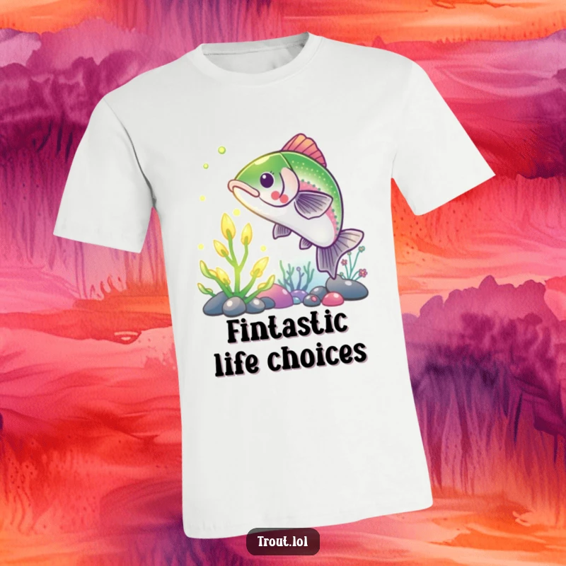 Funny Trout T-Shirt: Depicts a comical trout stretching towards a brightly glowing underwater plant, emphasizing a funny pursuit.