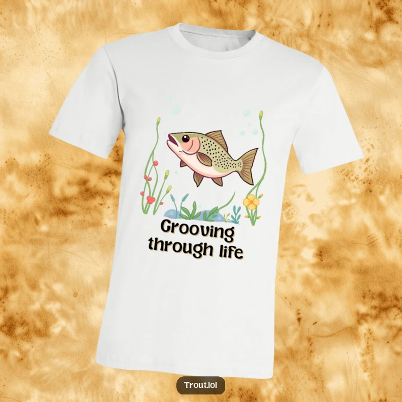 Funny T-shirt with a trout dancing joyfully through underwater plants, symbolizing happiness and vibrant aquatic life.