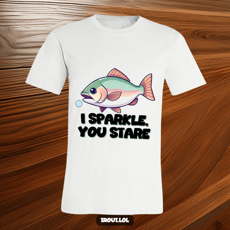 Funny t-shirt showing a sparkling trout gleefully pursuing a small bubble, radiating playful energy.