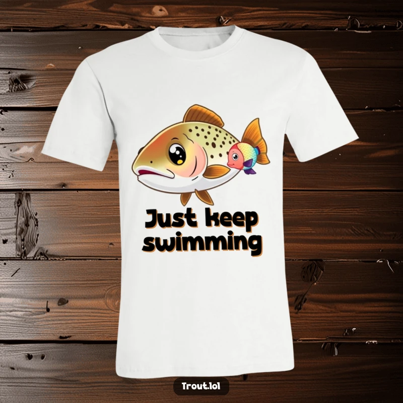 Funny Trout T-Shirt featuring a trout with wide eyes, curiously watching a colorful fish swim by, perfect for ocean lovers.