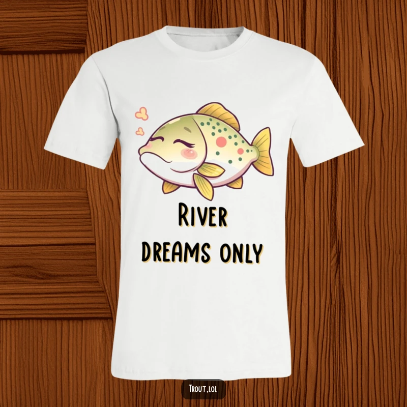 Funny trout dream t-shirt design showing a peaceful trout with closed eyes dreaming gently on the water.