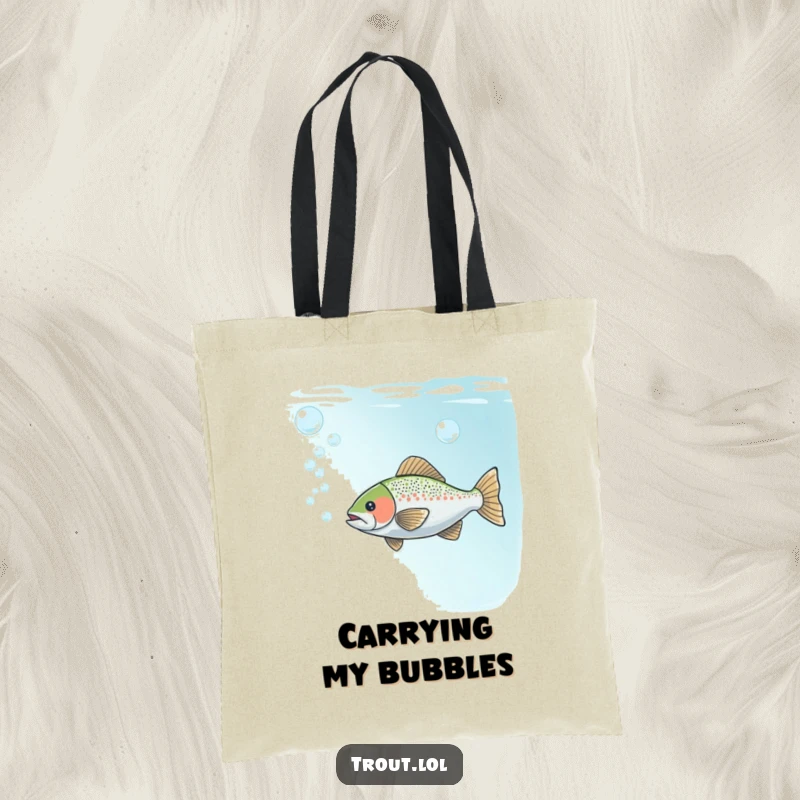 Funny tote bag featuring a trout playfully blowing bubbles underwater, perfect for carrying daily essentials with a touch of aquatic joy.