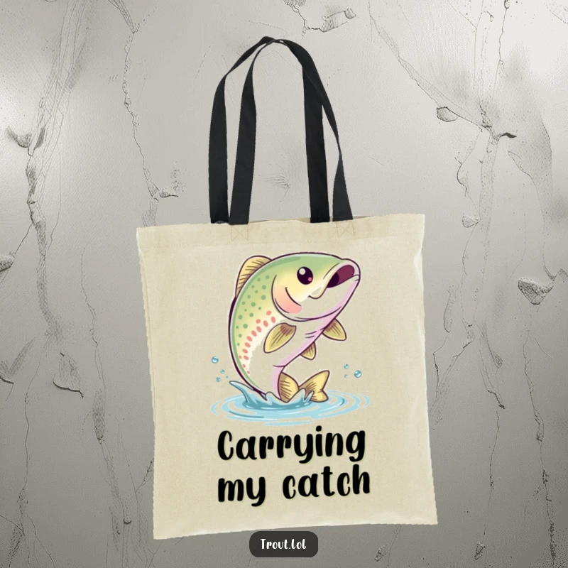 Funny Trout Leap Tote Bag with a cute trout with a bubbly smile leaping out of the water, ideal for carrying fishing gear.