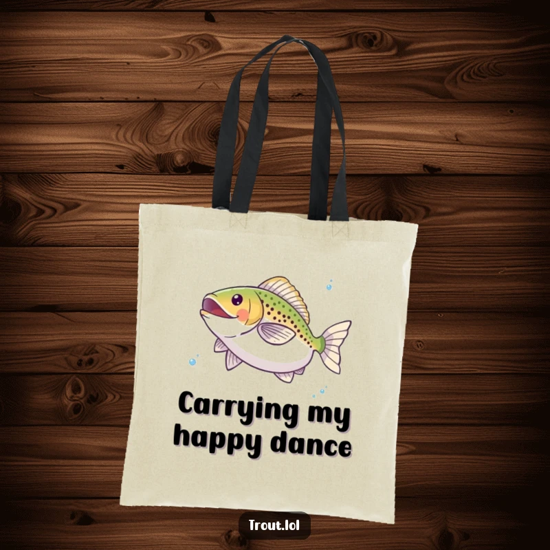 Funny tote bag illustrating a happy trout doing a celebratory twirl underwater, carrying your goods with aquatic flair and a humorous twist.