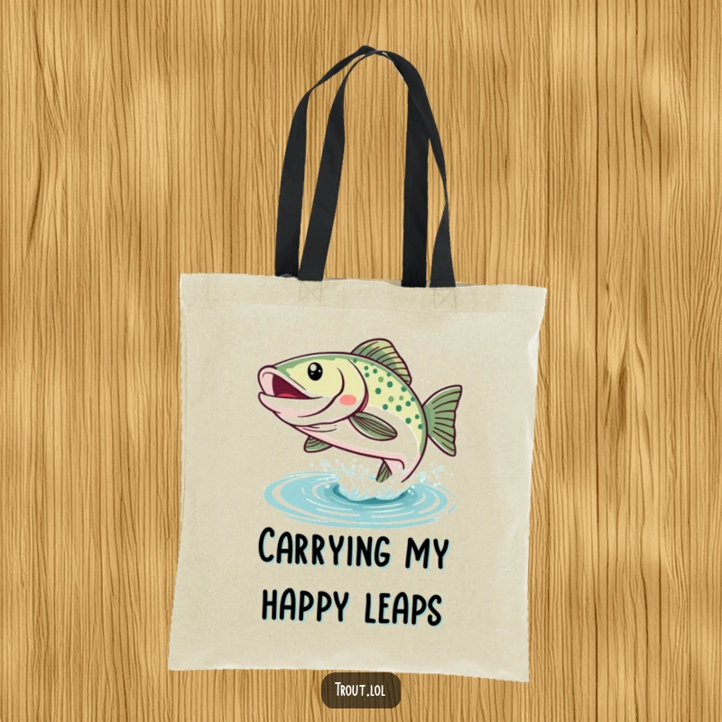 Funny Kawaii Trout Tote Bag: A happy, smiling trout leaps from the water, perfect for carrying essentials with aquatic charm and humor.