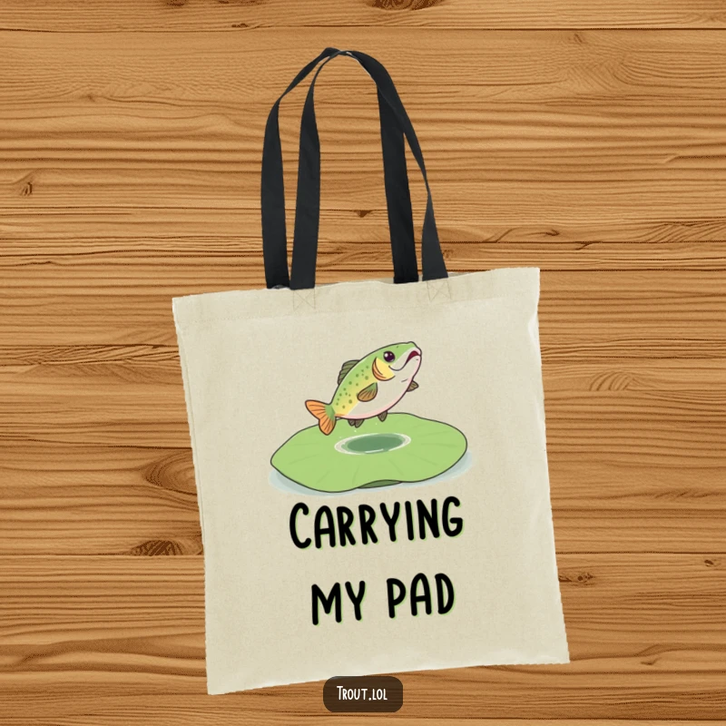 Funny tote bag featuring a trout energetically bouncing on a lily pad, bringing a playful and whimsical touch to everyday use.