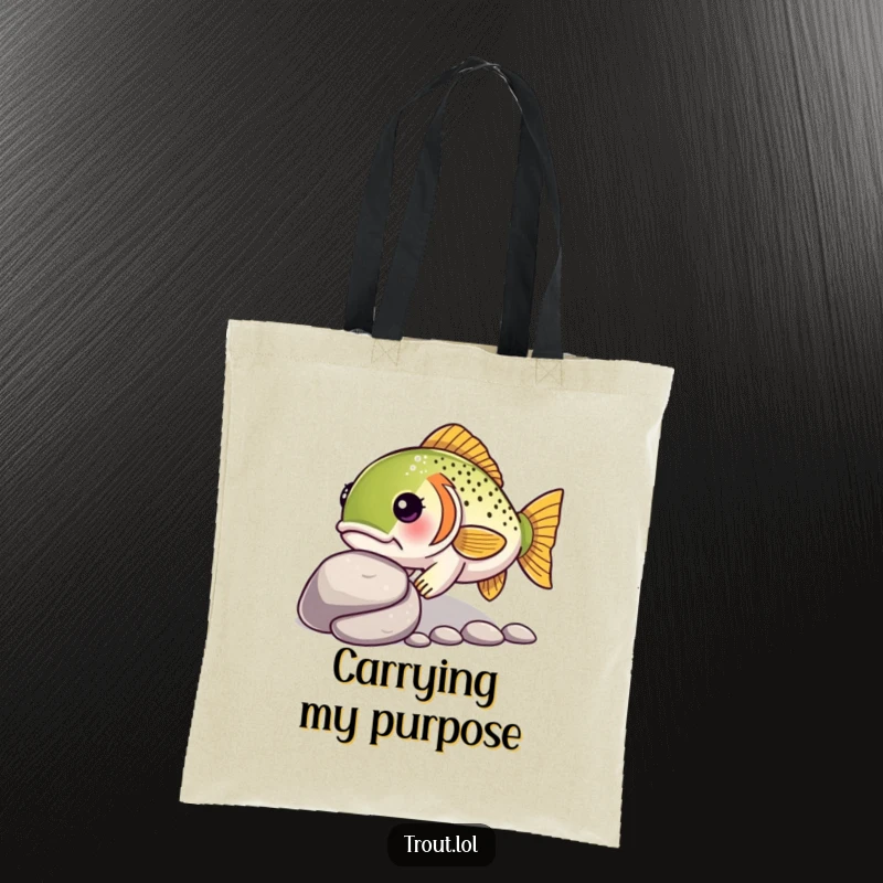 Funny tote bag showcasing a determined kawaii trout nudging a smooth pebble, ideal for carrying your determined spirit and essentials.