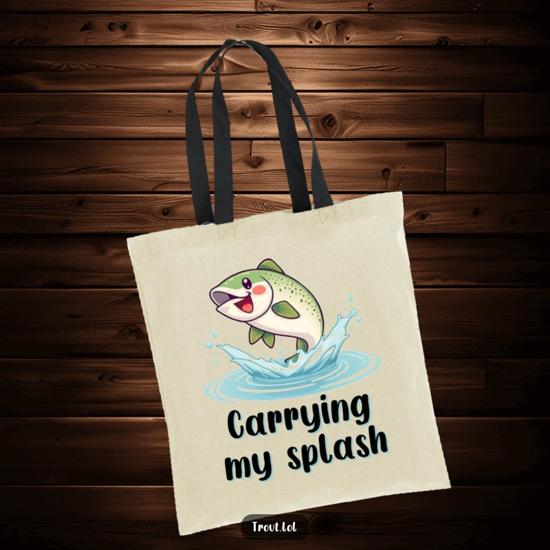 Funny tote bag featuring a triumphant trout leaping mid-splash, highlighting its energetic and joyful escape from the water.