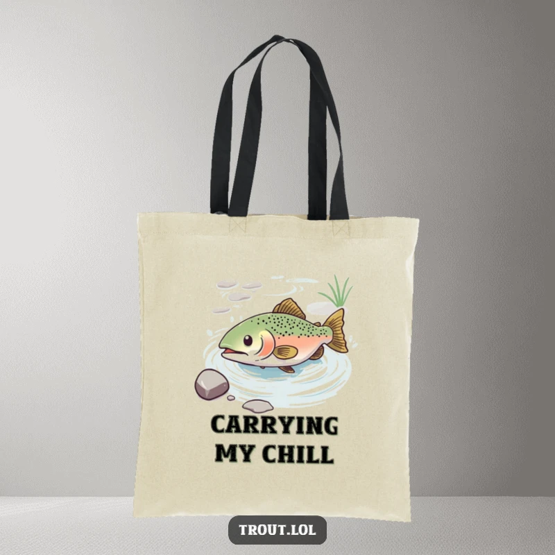 Funny tote bag illustrated with a trout in blissful repose, sliding down a water current, ideal for carrying essentials.