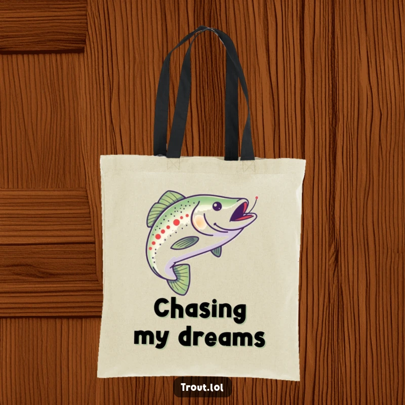 Funny tote bag depicting a trout excitedly chasing a minnow, symbolizing drive and humor, perfect for everyday errands and shopping trips.