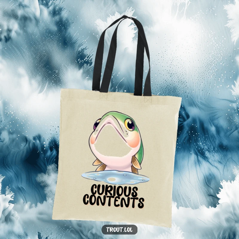 Funny tote bag illustrating a trout with wide, inquisitive eyes looking upwards towards the water's surface, great for everyday.