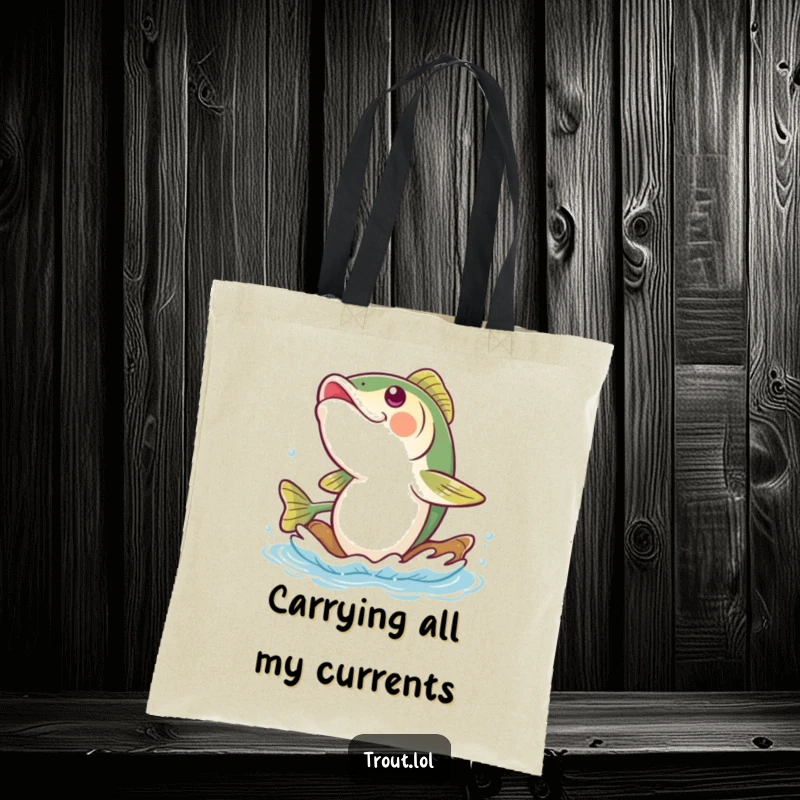 Funny trout tote bag depicting a joyful trout in mid-giggle while floating serenely on a gentle, clear river current, ideal for shopping.