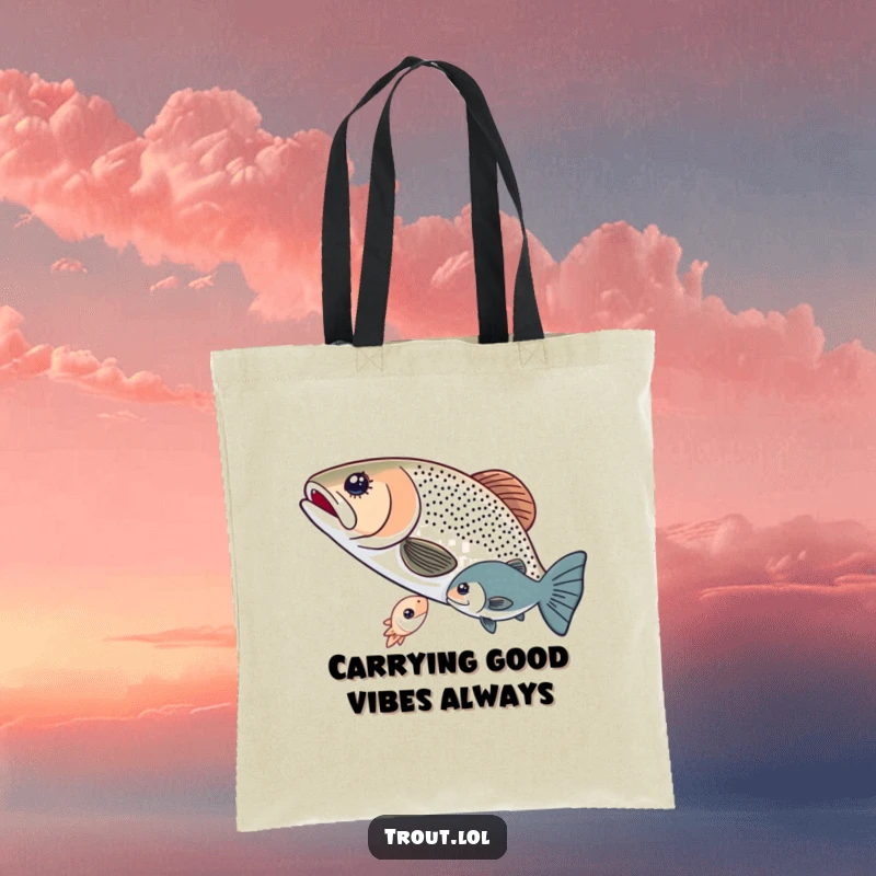 Funny tote bag illustrating two trout sharing a tiny glowing microorganism, a charming representation of generosity and aquatic friendship.