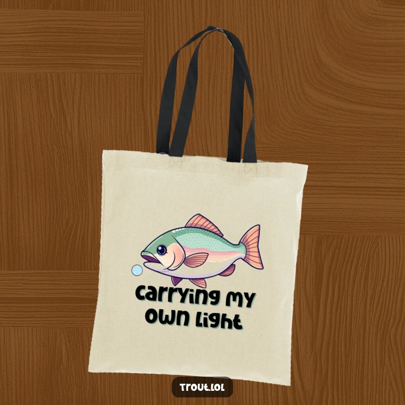 Funny tote bag showcasing a trout with shimmering scales playfully chasing a bubble, symbolizing lighthearted fun.