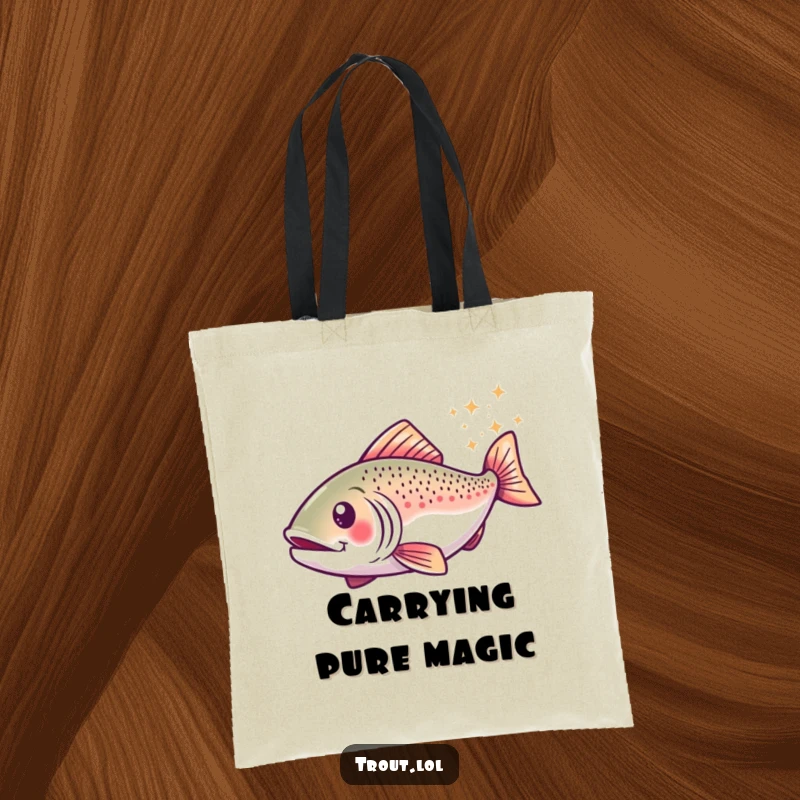 Funny tote bag with a trout in a happy swirl, leaving a trail of sparkles, ideal for carrying items with magical humor.
