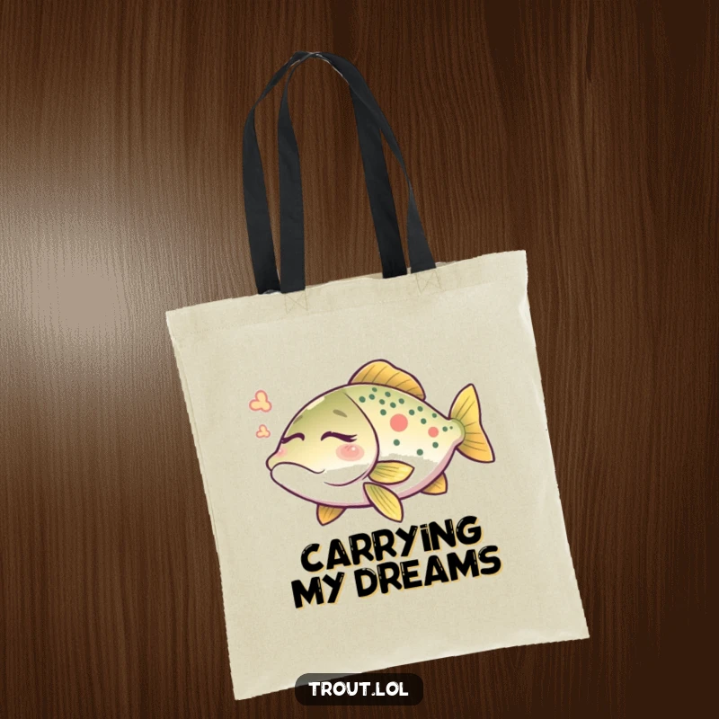 Funny trout dream tote bag featuring a peaceful trout dreaming with its eyes closed, perfect for anglers.