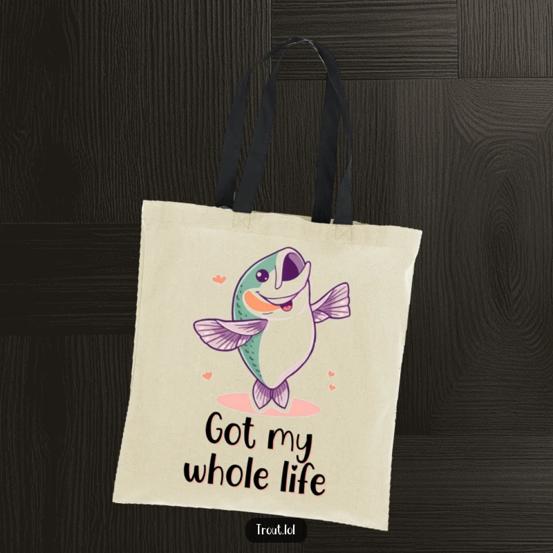 Funny tote bag featuring a dynamic trout performing a triumphant full-body flip, conveying infectious energy and celebratory aquatic fun for anglers.