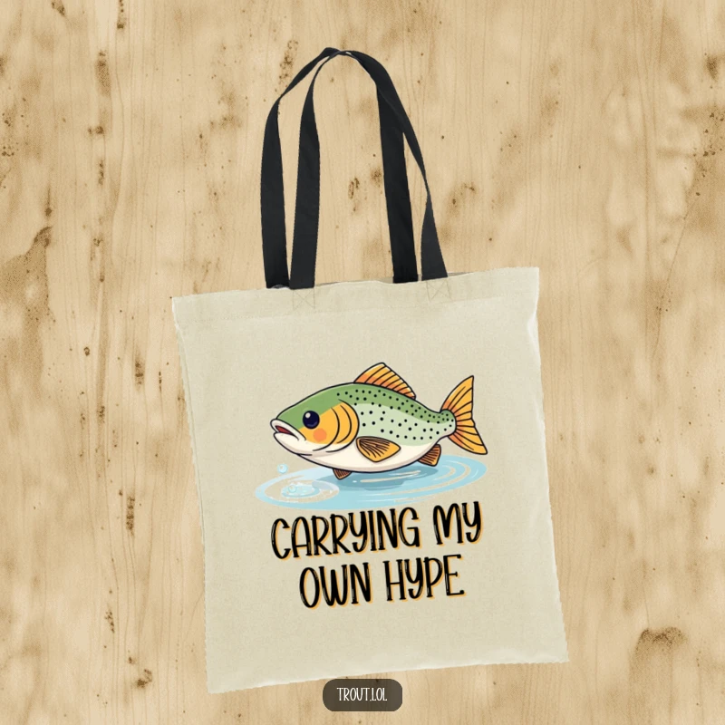 Funny tote bag depicting a trout playfully giving chase to its own shimmering reflection for humorous carrying.