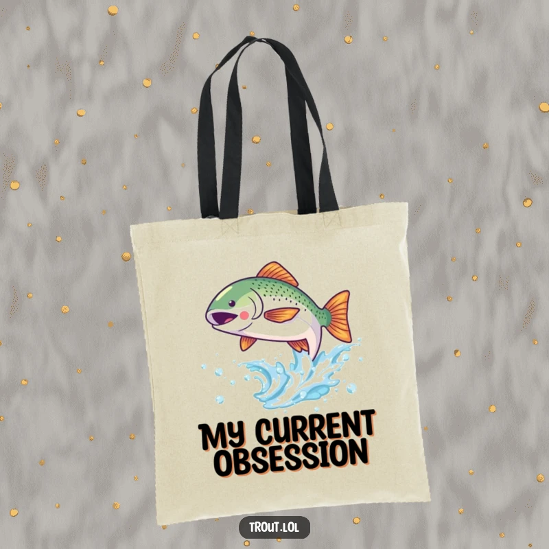 Funny tote bag with a kawaii trout joyfully leaping from a sparkling wave, great for daily use.