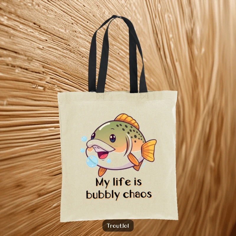 Funny tote bag illustrating a trout making a comical face with mouth bubbles, perfect for carrying essentials with a humorous aquatic twist.
