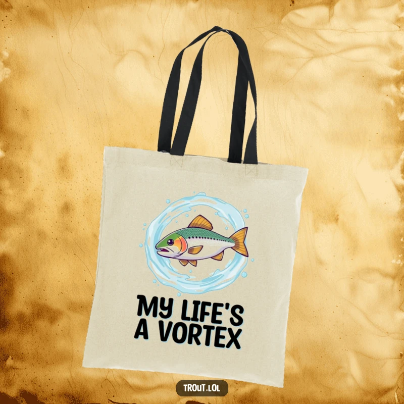 Funny tote bag featuring a trout comically spinning in a water swirl, a humorous and practical accessory for carrying groceries or daily items.